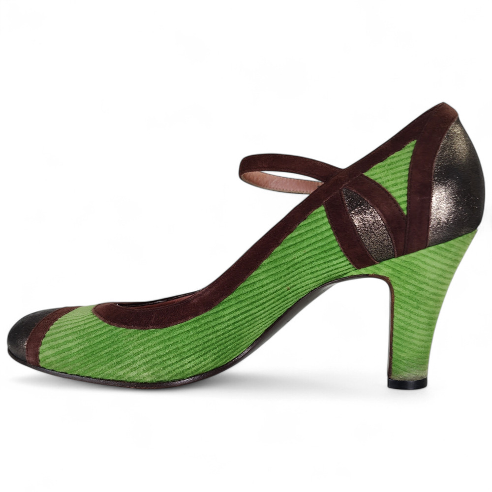 Marc Jacobs Mary Jane Heels 39.5 Green Corduroy Brown Suede Metallic Toe Italy - Picture 10 of 12